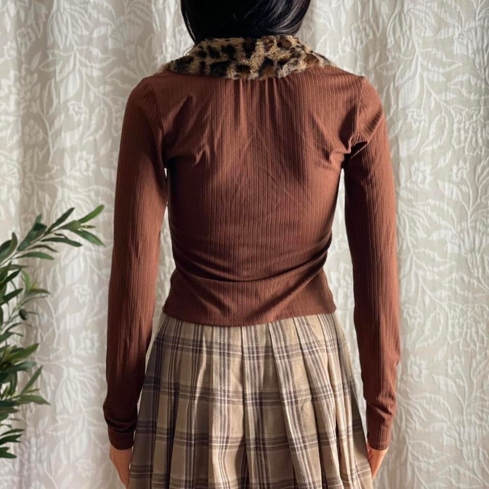 NWOT Derek Heart Brown Faux Fur Collar Zip Top Indie Grunge Clueless Size S - Picture 5 of 8